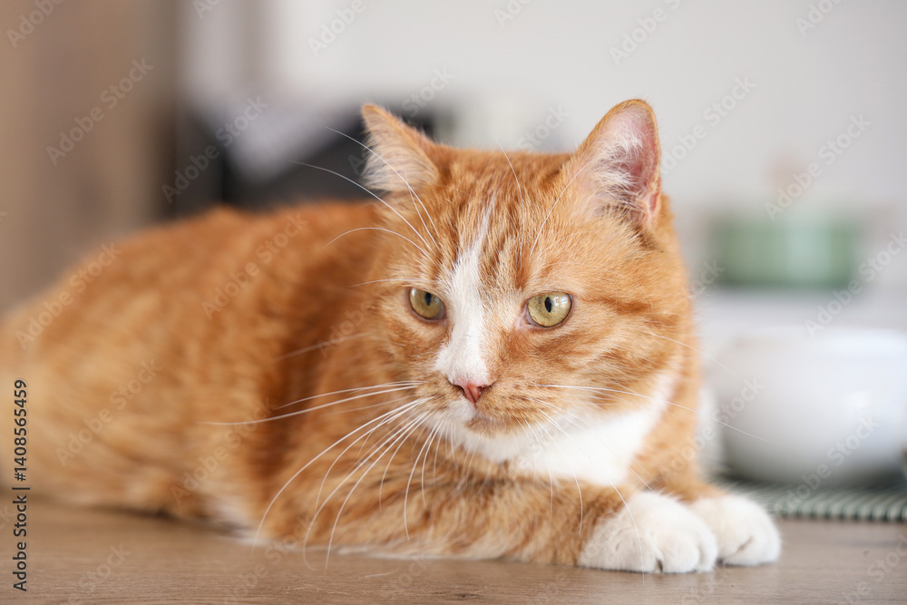 Cute red cat lying on table in kitchen, closeup Cute red cat lying on table in kitchen, closeup