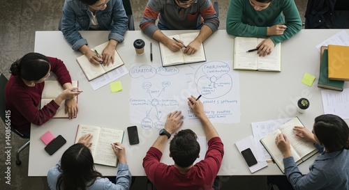 Diverse group brainstorming ideas in a collaborative workspace  