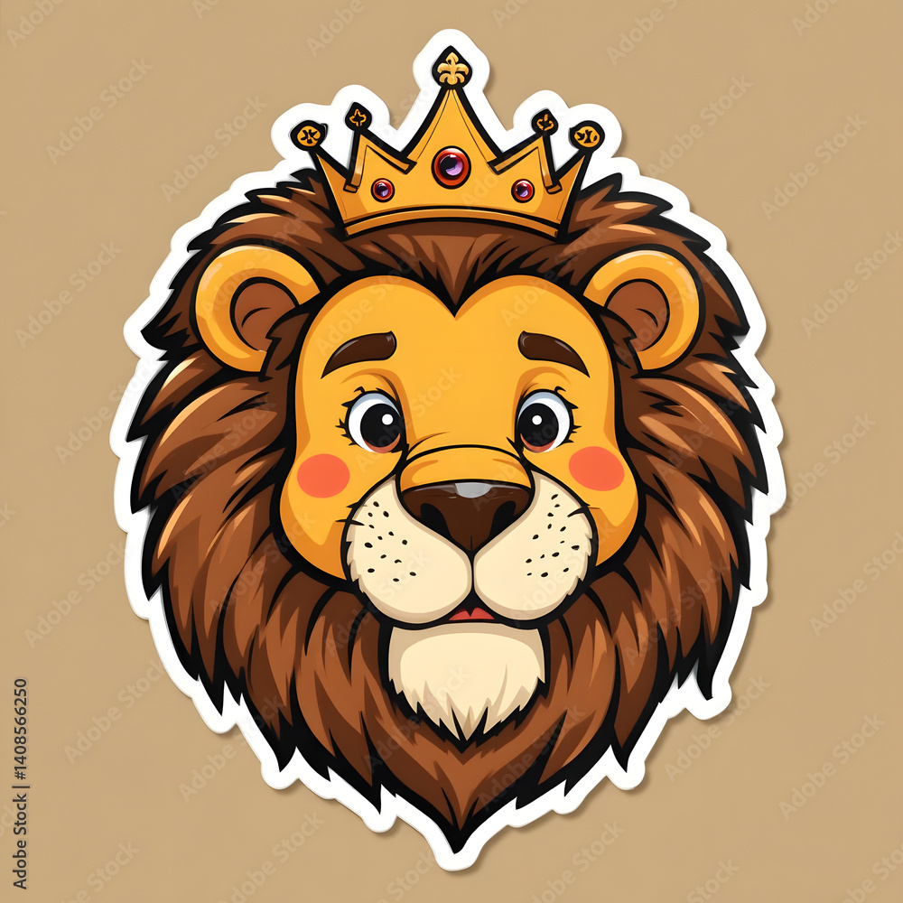 Obraz premium Crowned Cartoon Lion Regal Jungle King Illustrationsticker