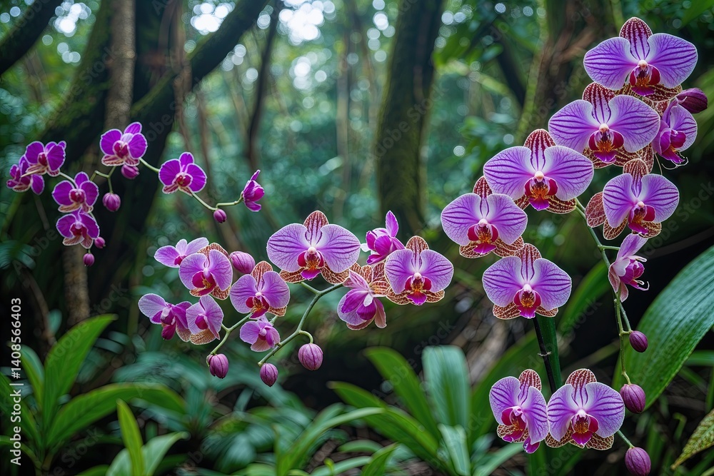 Obraz premium Orchids Flourishing in a Lush Forest Canopy with Vibrant Blooms