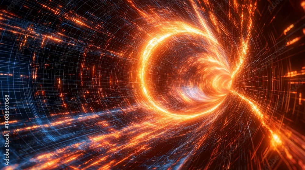 Fototapeta premium Abstract digital tunnel with vibrant glowing orange and blue light effects