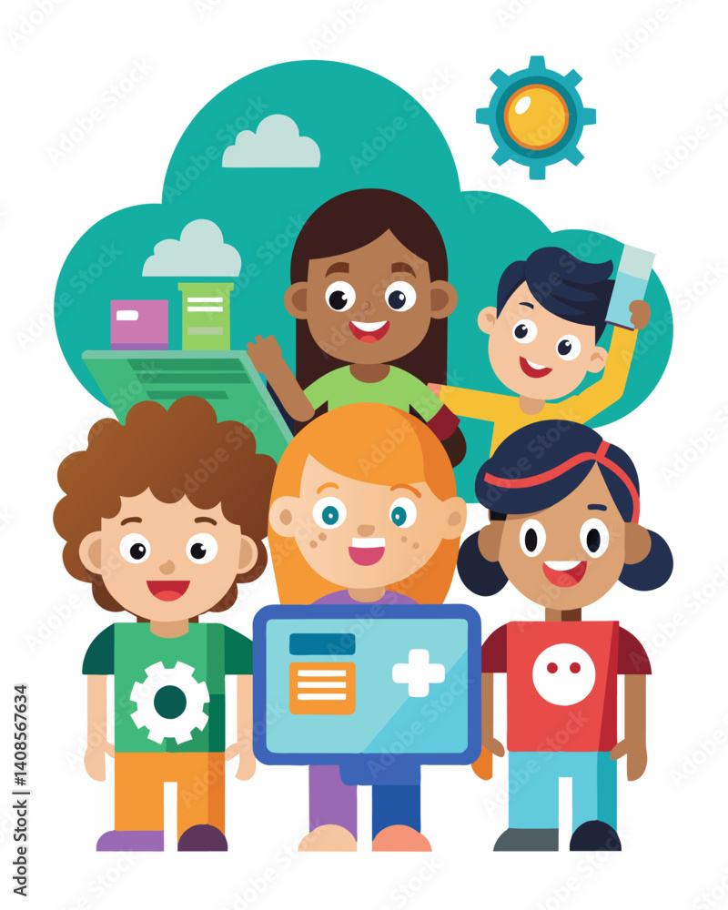 A coding club for children where they learn the basics of programming while creating their own interactive stories to share with the group.. Vector illustration A coding club for children where they learn the basics of programming while creating their own interactive stories to share with the group.. Vector illustration