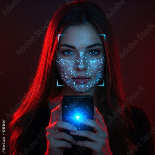 young woman using a flashing smart phone face with biometrics marks