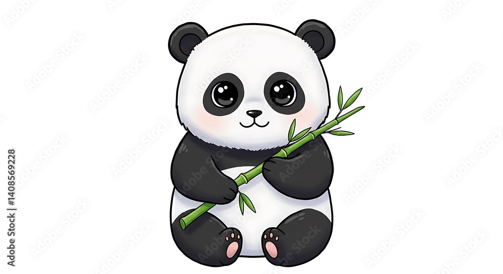 Obraz premium Round cartoon panda holding a bamboo stick with sparkly eyes, white background