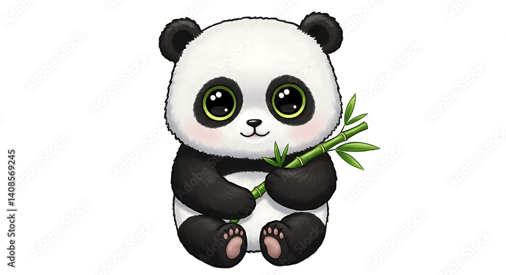 Obraz premium Round cartoon panda holding a bamboo stick with sparkly eyes, white background