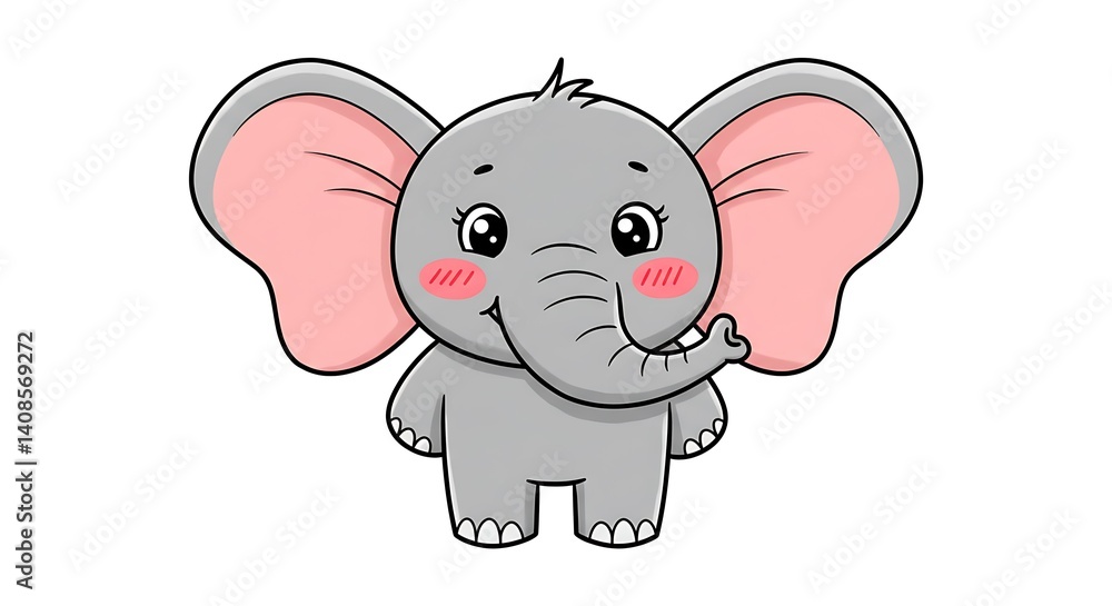 Fototapeta premium Happy cartoon elephant with big floppy ears and blushing cheeks, isolated on white