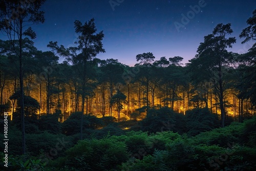 Tranquil Twilight Forest Canopy with Luminous Foliage