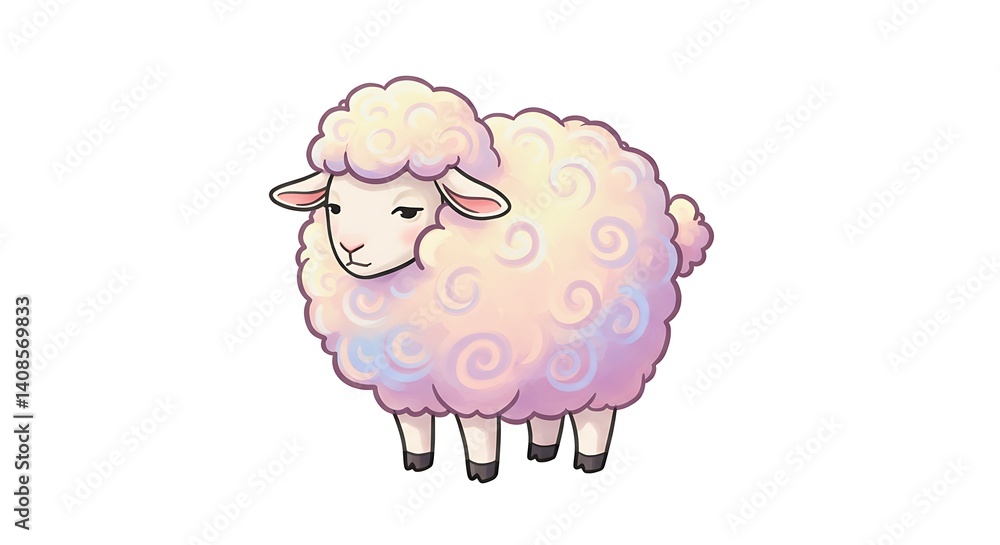 Obraz premium Tiny cartoon sheep with swirly wool and sleepy eyes, white backdrop