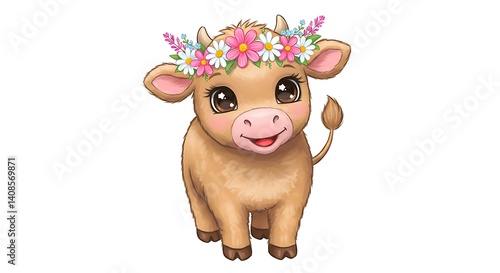 Cartoon baby cow with flower crown and big sparkly eyes, white background