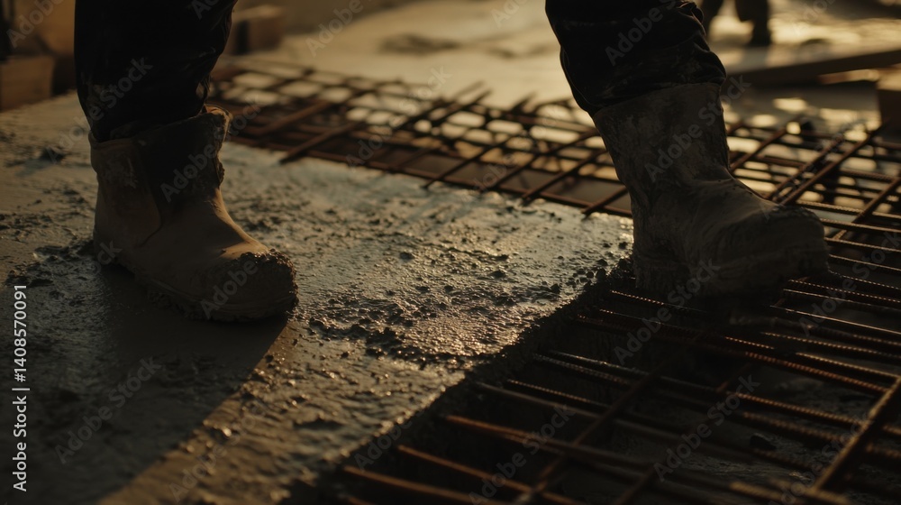 Fototapeta premium A construction worker laying down a concrete floor foundation. Featuring precision and technique
