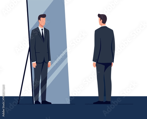 Businessman in a suit gazing at his reflection in a mirror, minimal vector illustration