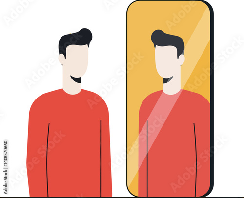 A man in a red sweater gazing at his reflection in a minimal vector illustration