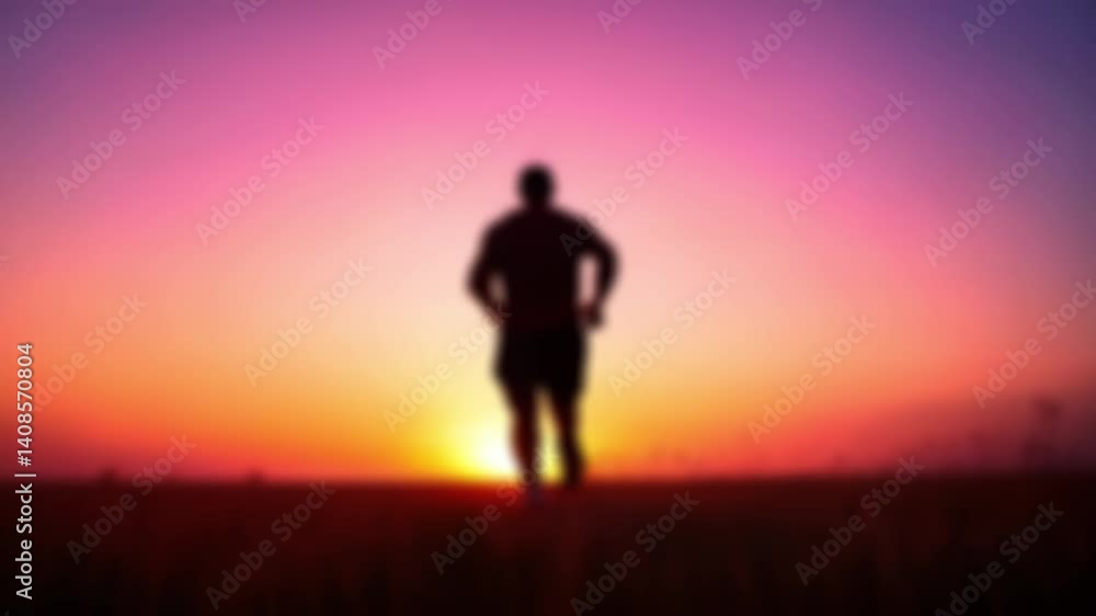Silhouette of a runner against a vibrant sunset horizon, motion blur. Man running on a sunset. Silhouette of a runner against a vibrant sunset horizon, motion blur. Man running on a sunset.