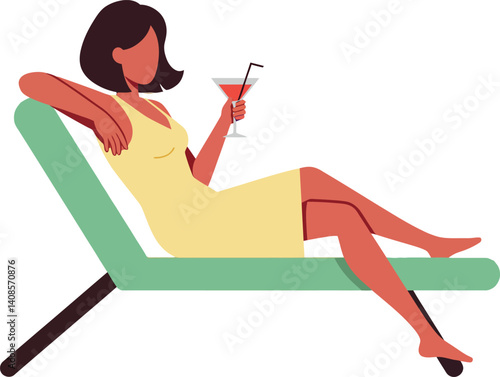 Woman relaxing on a lounge chair enjoying a cocktail in a flat vector illustration