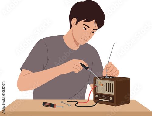 Young man repairing an old radio in a minimal flat vector illustration