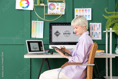 Young female graphic designer working with tablet at table in office