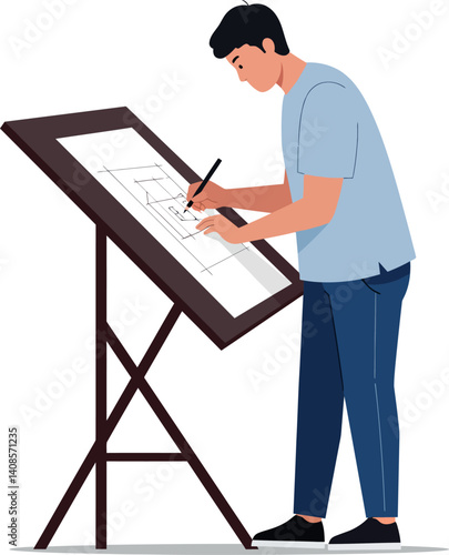 Young man sketching architectural designs at an easel in a minimal style vector illustration