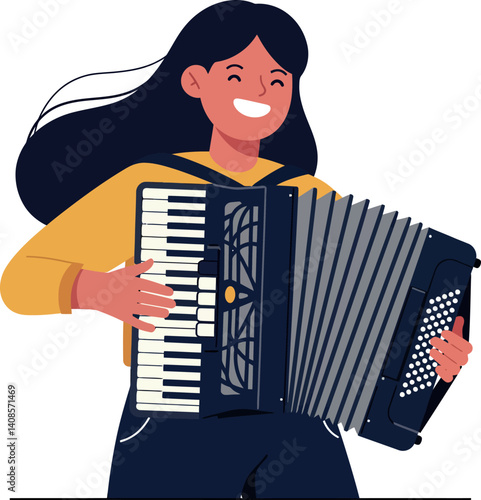 Happy woman playing an accordion in a vibrant flat vector illustration