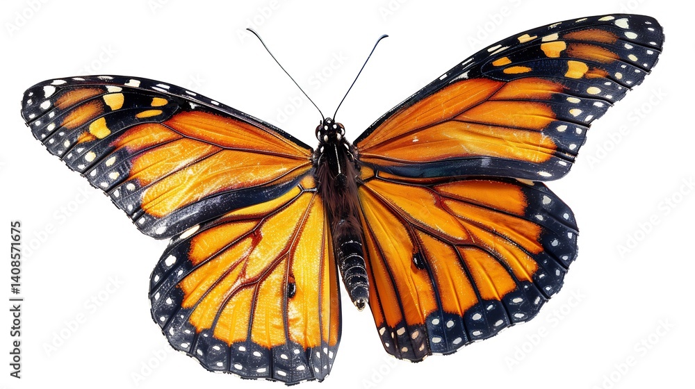 Fototapeta premium Monarch butterfly soaring vibrant orange black wings detailed soft motion blur delicate antennae visible isolated on a white background