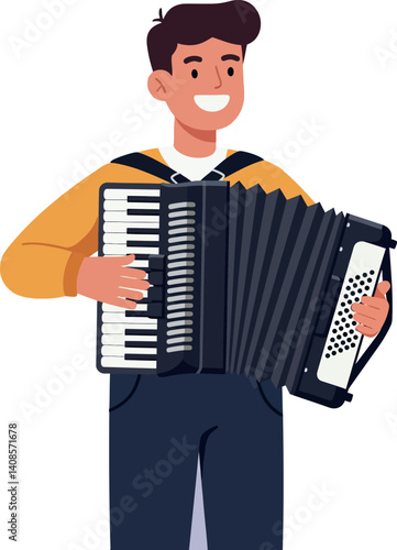 A cheerful young man playing an accordion in a lively, flat vector illustration style showcasing musical expression and joy vector art