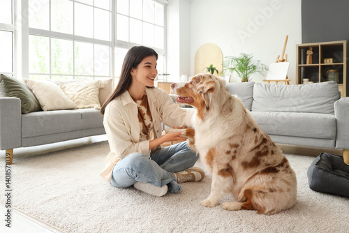 Obraz na płótnie Young woman holding Australian Shepherd dog's paws at home w salonie