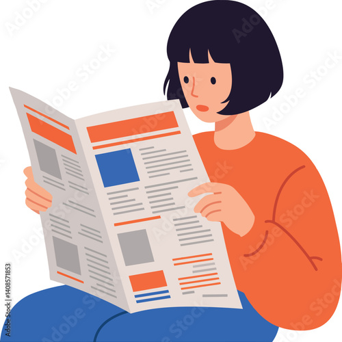 A young woman reading a newspaper in a cozy setting with a flat design style vector illustration