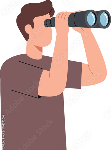 A man observing distant landscapes with binoculars in a minimal flat vector illustration