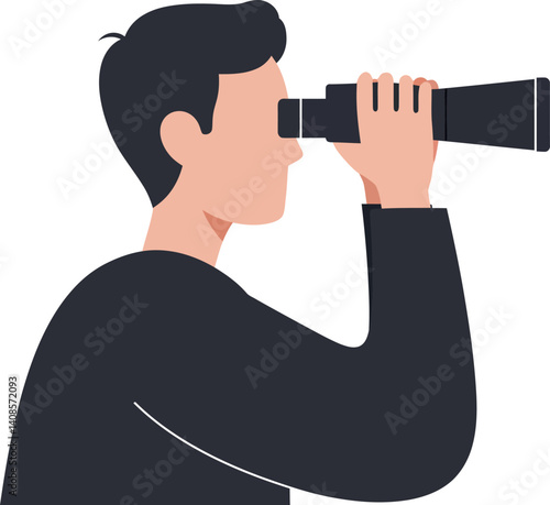 A man using binoculars to observe distant landscapes in a minimal and modern style vector illustration