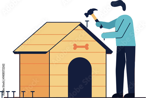 A man building a wooden dog house in a flat vector illustration style showing craftsmanship and care for pets
