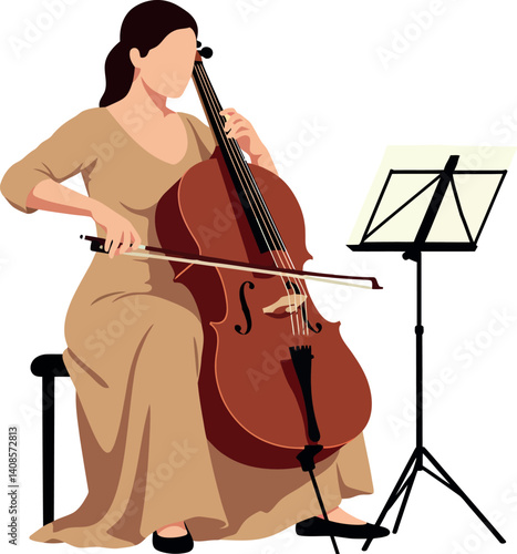 A woman playing a cello in a beige dress with sheet music in a minimal vector illustration