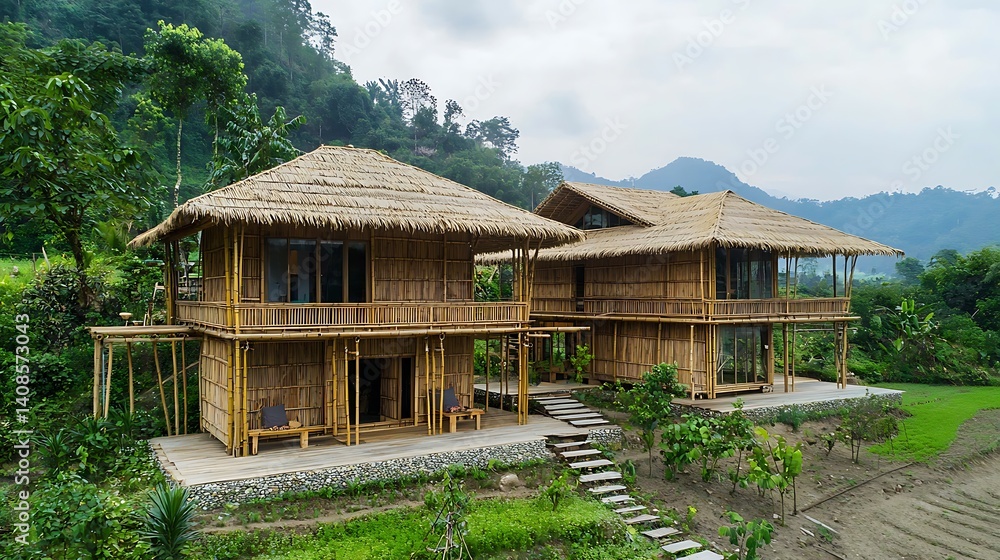 Serene Bamboo Houses in Lush Green Landscape with Mountain View Serene Bamboo Houses in Lush Green Landscape with Mountain View