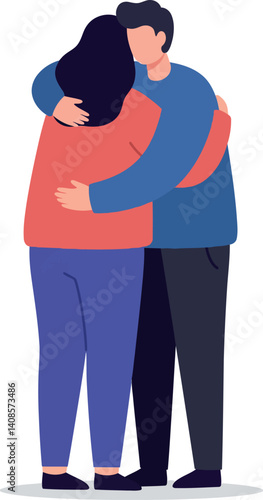 Two people embracing in a warm, affectionate manner, flat vector illustration