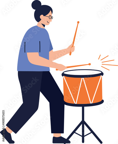 A woman energetically playing a drum in a lively, minimal design style vector art