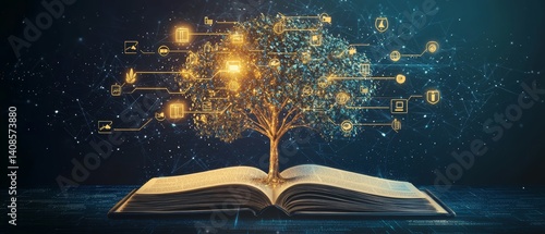 tree of knowledge growing from open book glowing branches filled with icons of learning representing lifelong education concept futuristic design with warm tones and digital accents