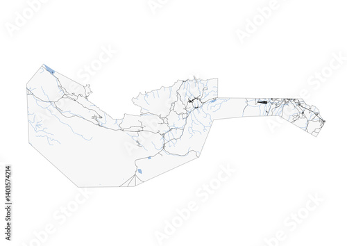 vector map of highway, buildings and waterway in arta, djibouti with black and white theme colors 