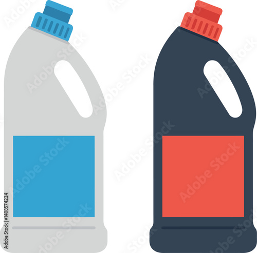 Cleaning supplies bottles in minimal flat design featuring blue and red accents in vector art