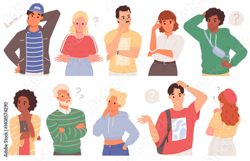 Set of vector illustrations of different thoughtful people. Collection of different men and women thinking or making decisions. Puzzled, surprised emotions of people isolated on white background.