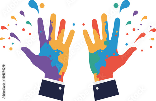 Colorful hands splattered with paint in a playful and creative flat vector illustration