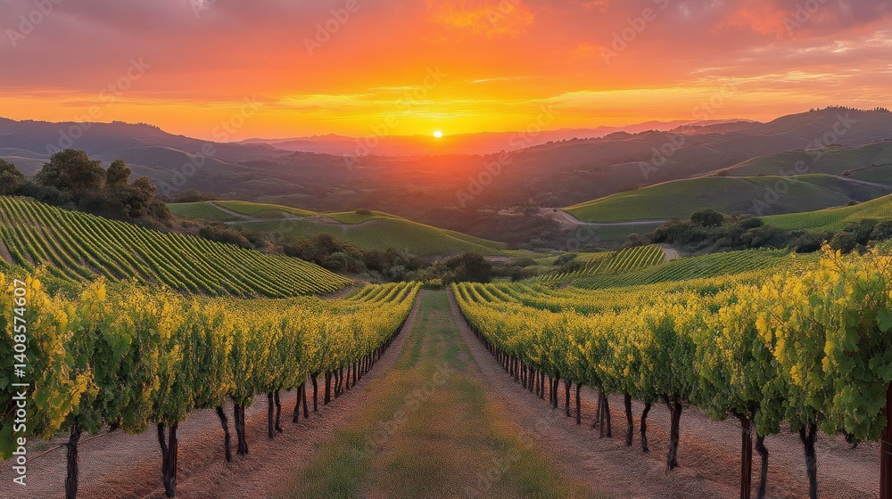 Naklejka premium Sunset Over Rolling Hills and Vineyards Landscape Photography Nature Scenery Golden Hour Lig