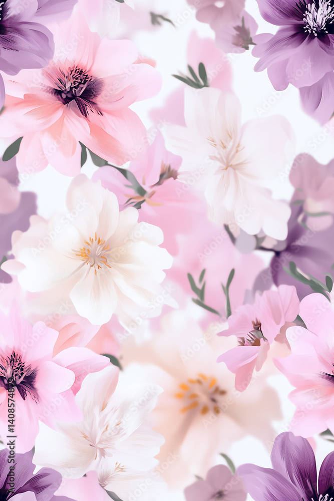 Soft Pink and Purple Blooming Flowers on White Seamless Pattern Soft Pink and Purple Blooming Flowers on White Seamless Pattern
