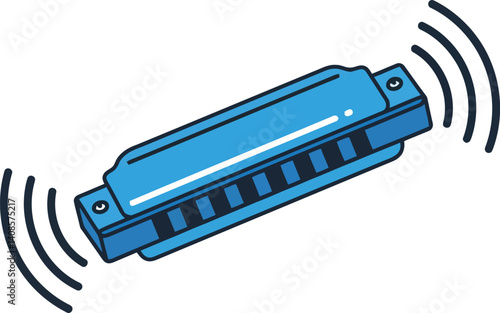 Blue harmonica emitting sound waves in a flat and minimal vector illustration