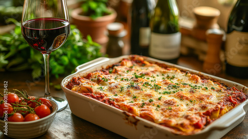 Enjoying red wine with a delicious serving of eggplant parmesan on a rustic wooden table