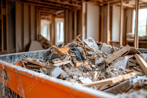 Construction site with building debris and orange container in an unfinished interior
