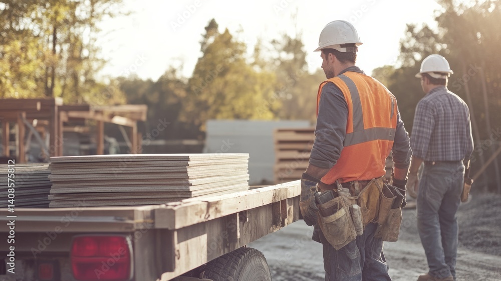 Laborer unloading construction materials from a truck at a site. Featuring teamwork and strength Laborer unloading construction materials from a truck at a site. Featuring teamwork and strength