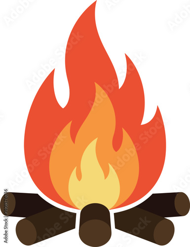 A vibrant campfire with flickering flames surrounded by wooden logs in a flat vector illustration