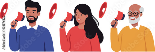 Three diverse individuals joyfully holding megaphones in a flat vector illustration