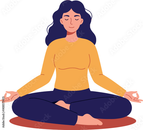 A woman meditating peacefully on a circle mat in a flat vector illustration
