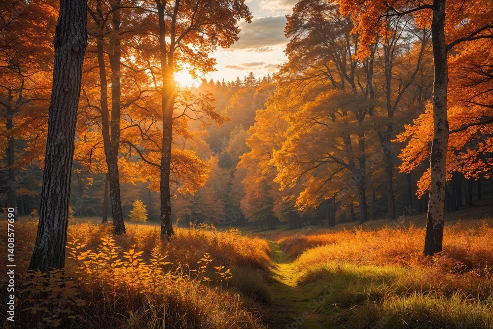 Fototapeta premium Autumn Forest Landscape with Sunlight and Vibrant Green Trees