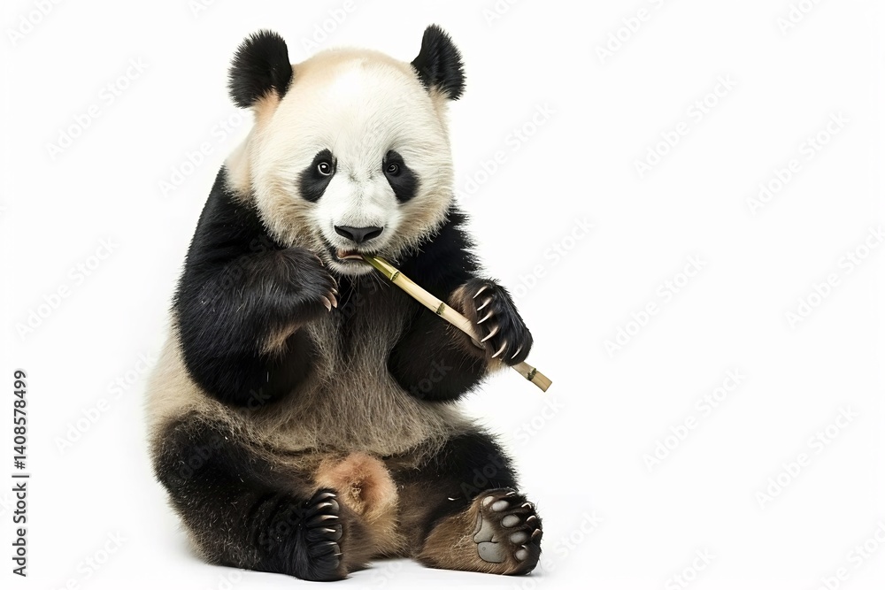 Naklejka premium Panda bear sitting eating bamboo soft fur texture high quality lighting on a white background isolated wildlife photography