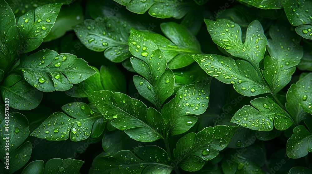 Fototapeta premium Dew-kissed fern leaves, lush garden backdrop